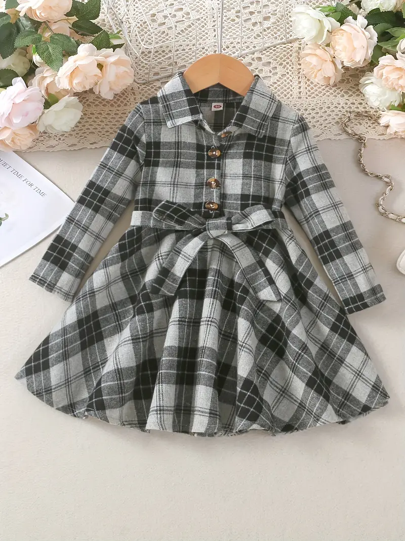 girls classic plaid dress with bowknot belt collar long sleeves dress for spring autumn details 6