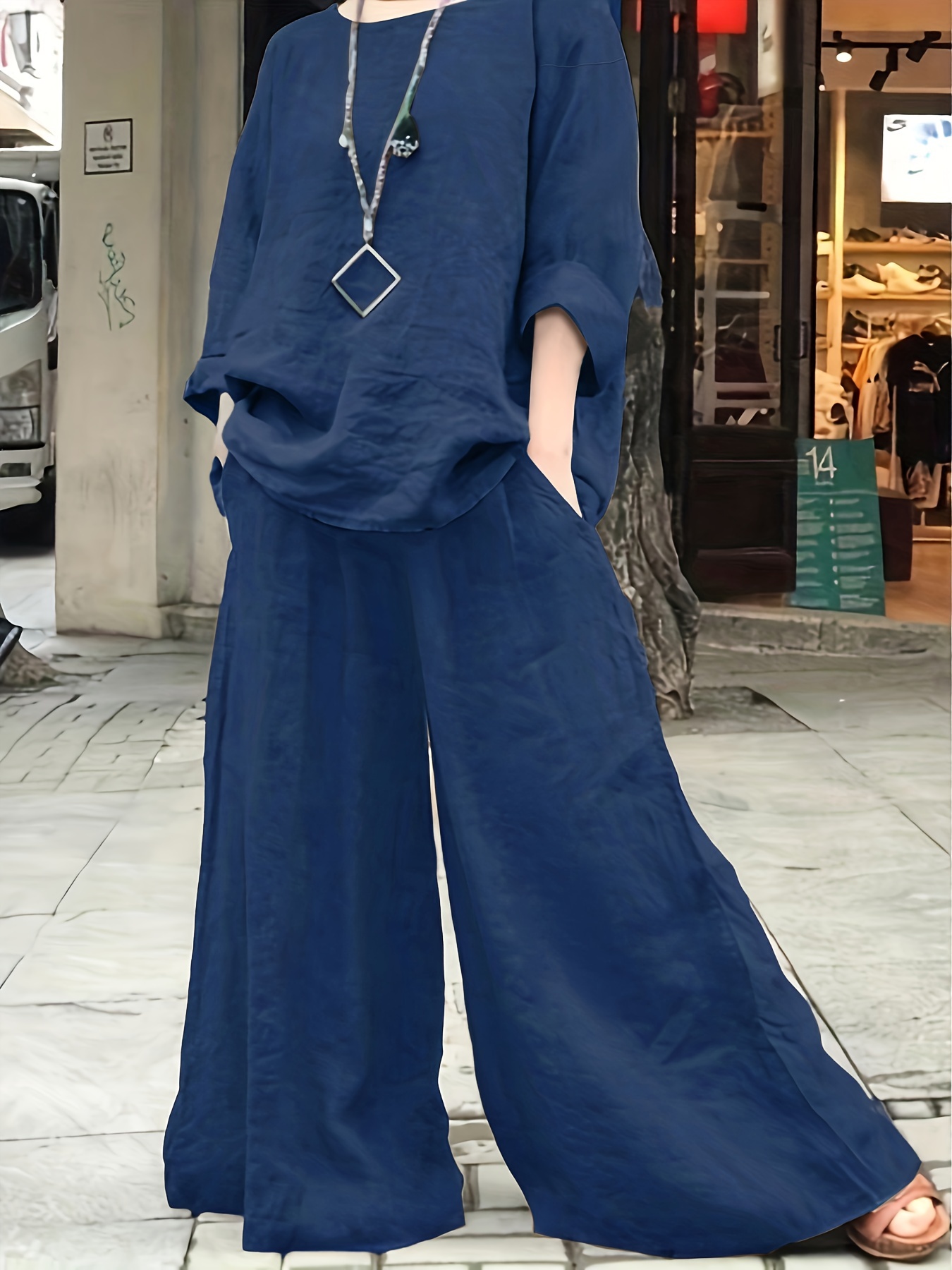 Conjunto de dos piezas de moda Oodji para mujer, traje informal de manga  corta, pantalones de pierna ancha, holgados y delgados, verano 2022