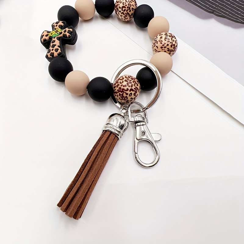 1 pc western style sunflower silicone cross pattern wooden bead bracelet bracelet bracelet short tassel keychain 4