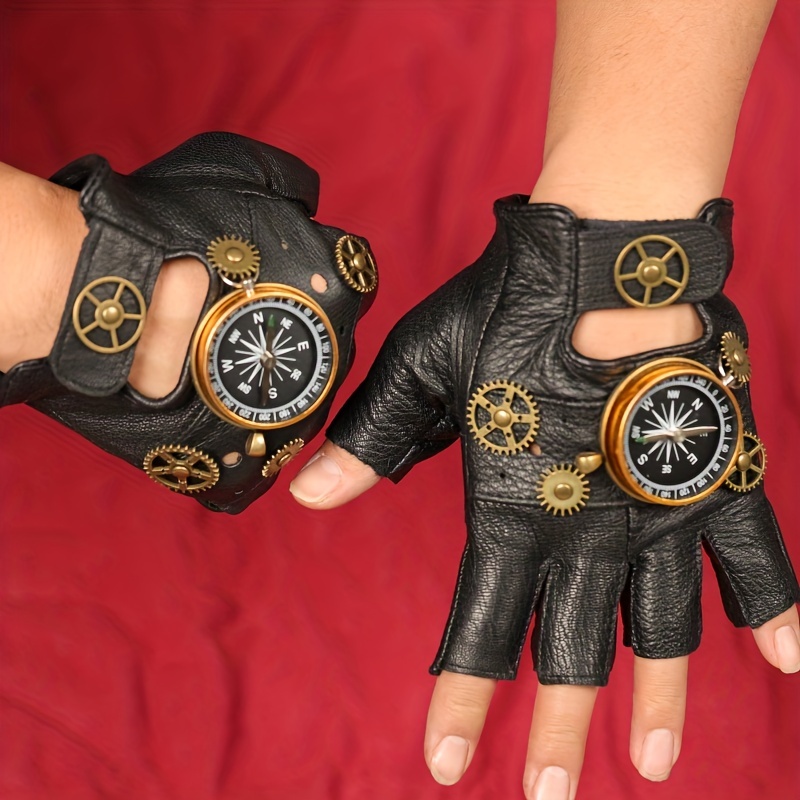 Steampunk Leather Gloves Men's Gothic Fingerless Gloves With Gear Halloween  Compass For Adventure