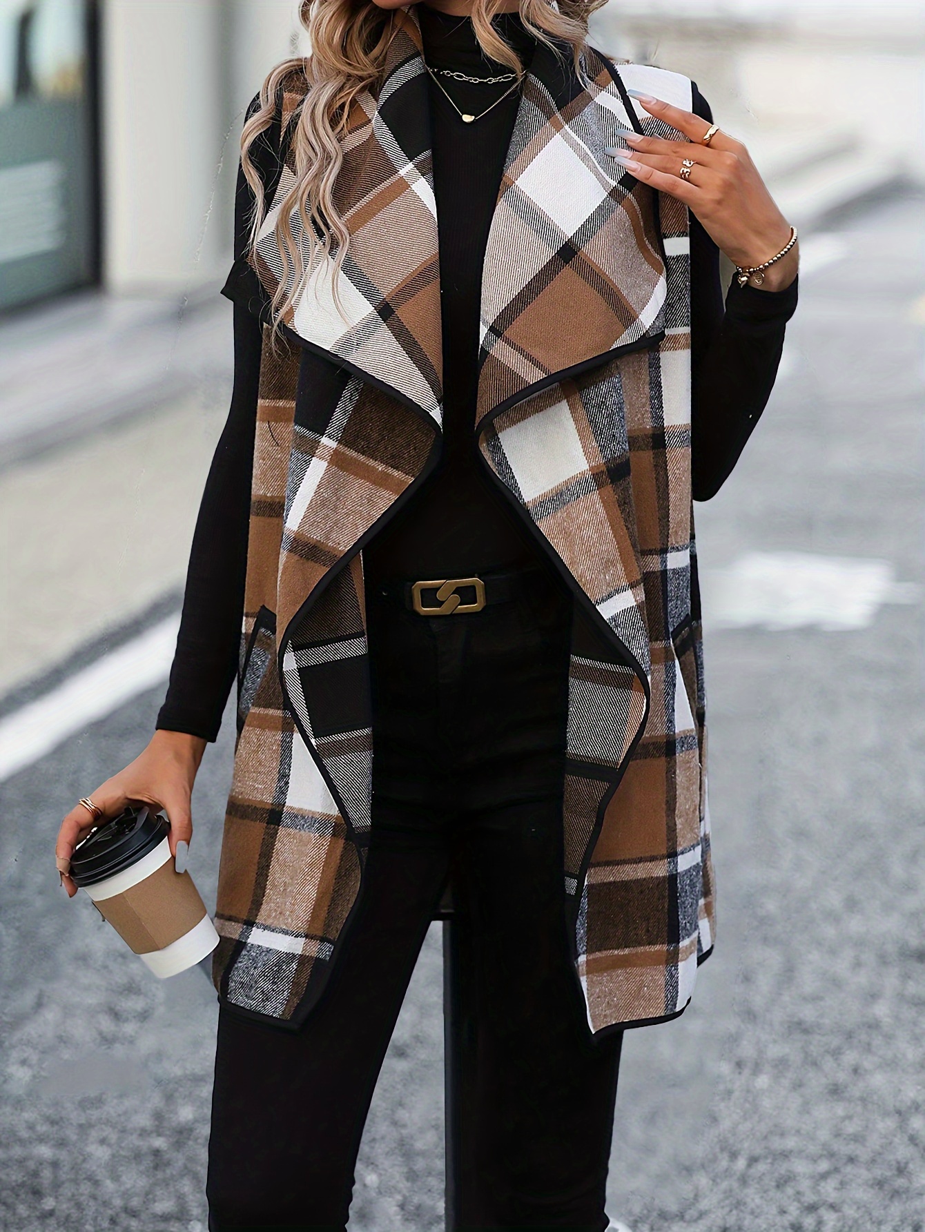 Plaid shop waterfall vest