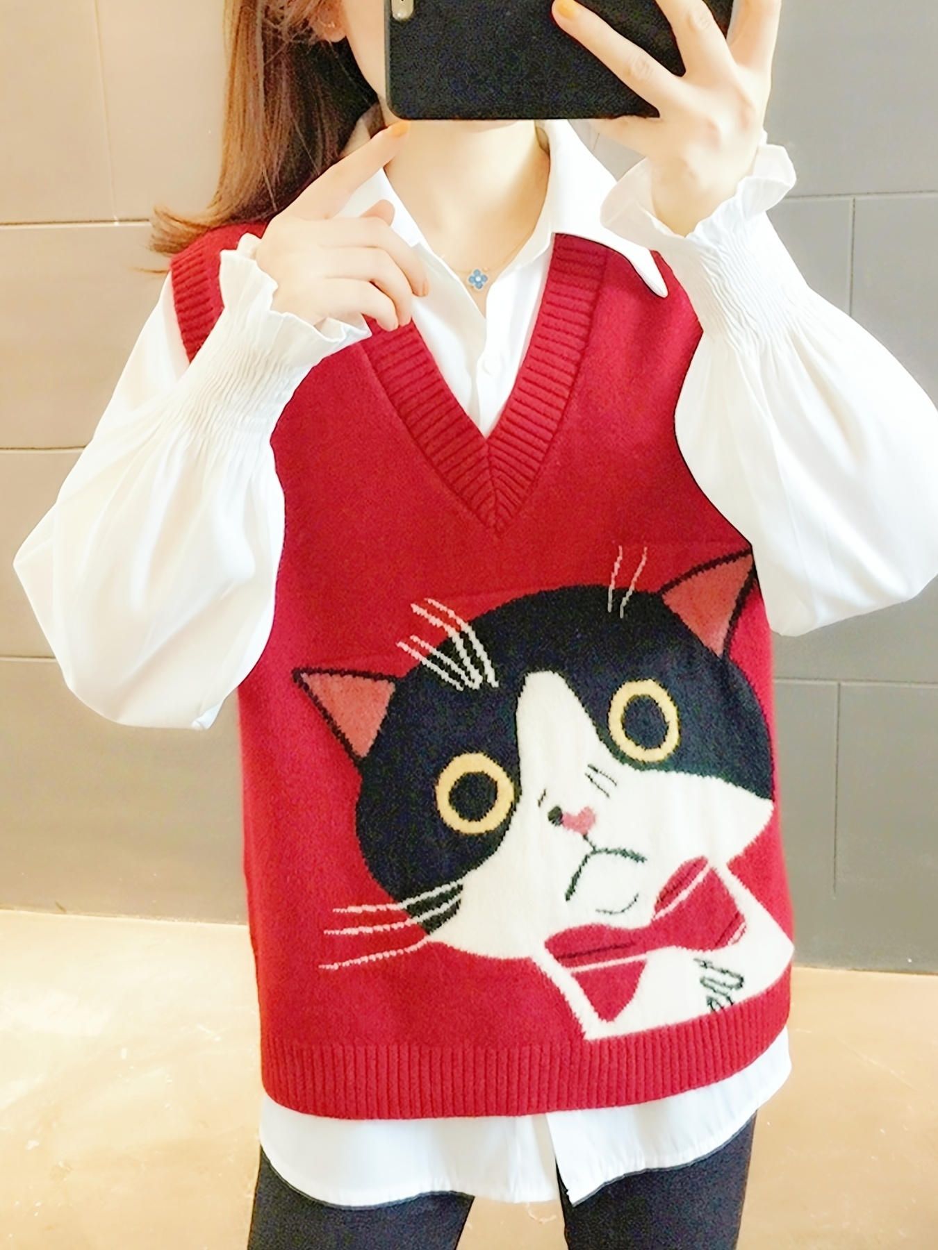 Cute Cat Pattern V Neck Sleeveless Sweater Vest Cartoon - Temu