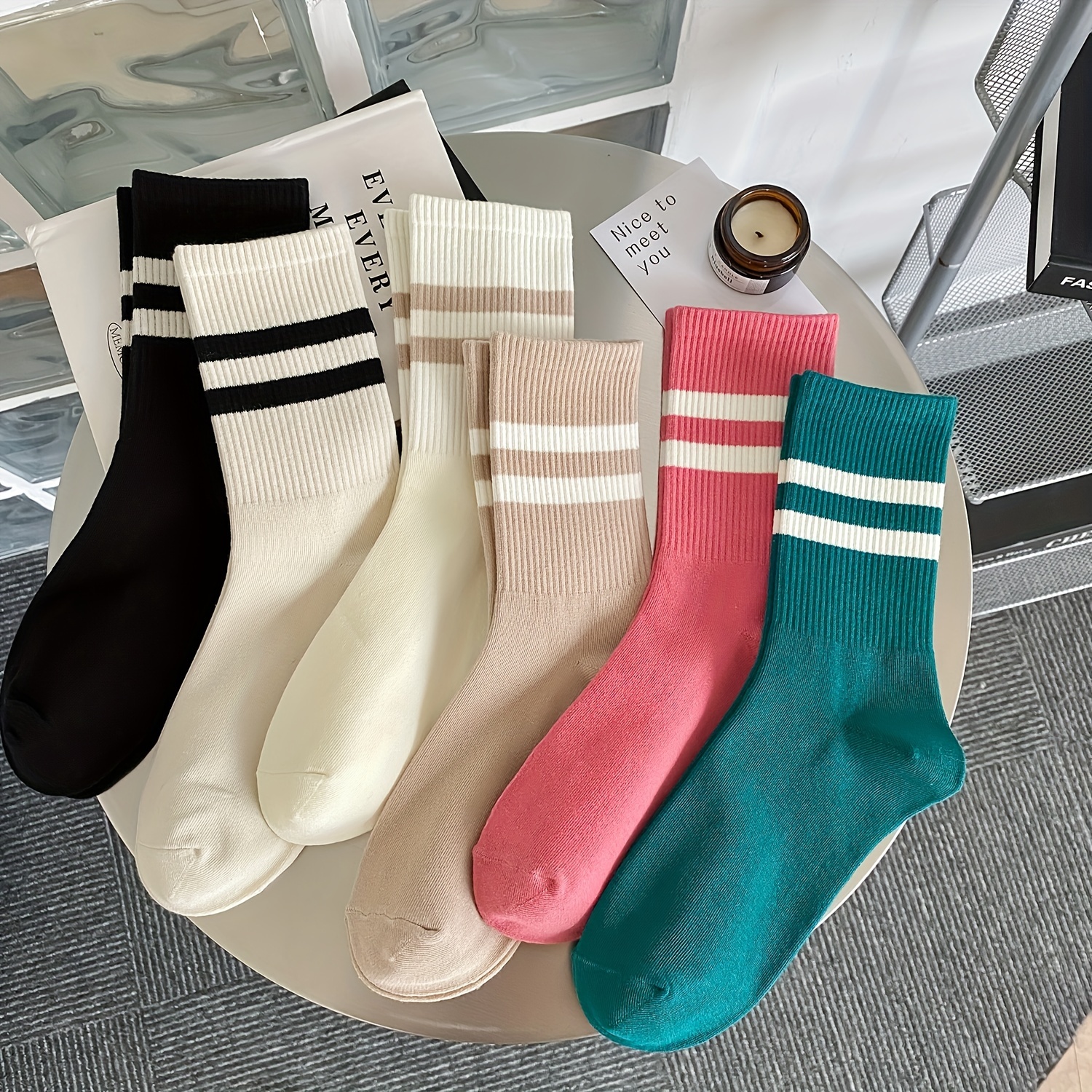 Women'S Casual Stripe Cotton Crew Socks A Pair