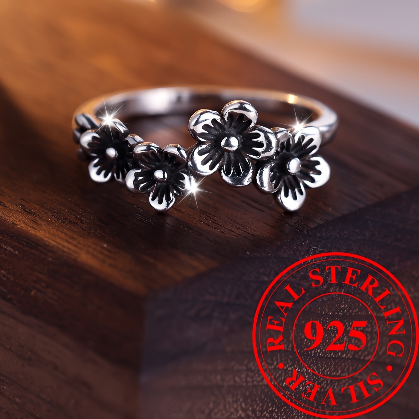 925 Sterling Silver Promise Ring with Retro Flower Design