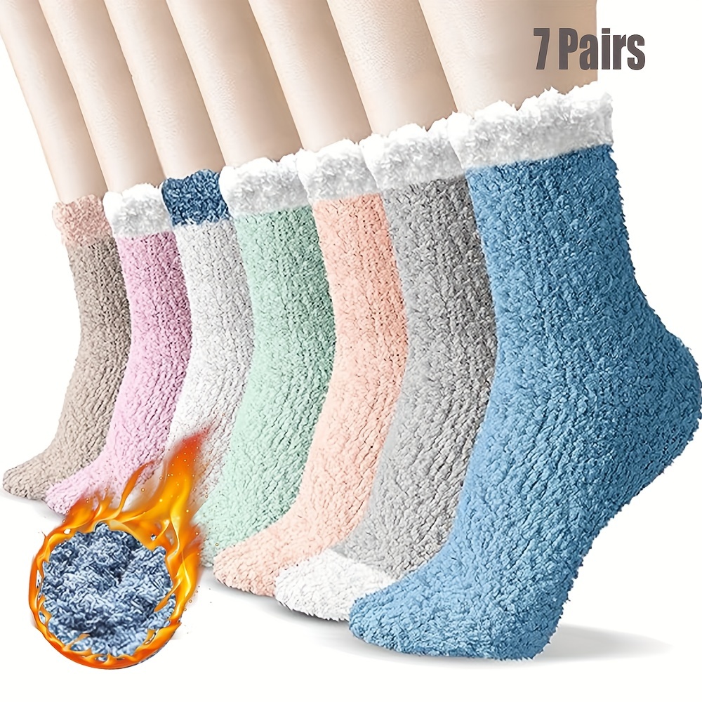 7 Pairs Women's Fuzzy Thicker Warm Medium Tube Socks With Grips  Fleece-Lined, Ankle Full Coverage Warm Winter Socks