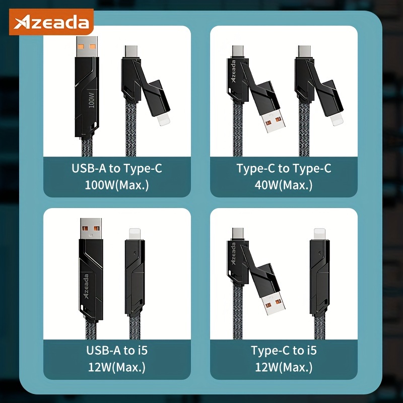 4-in-1 USB C Fast Charging Cable  Flat Braided Anti-Tangle For IPhone Charger Cord With Velcro, Multi Charging Cable Combo With  Lightning/Type C/USB A Ports, 5ft/6.6ft