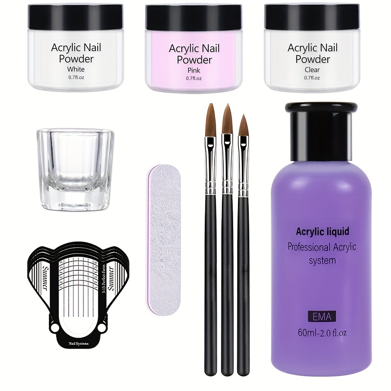 Acrylic Nail Kit – White Pinkish Clear Acrylic Powder & Nail Flowers  Monomer Set With Nail Brush