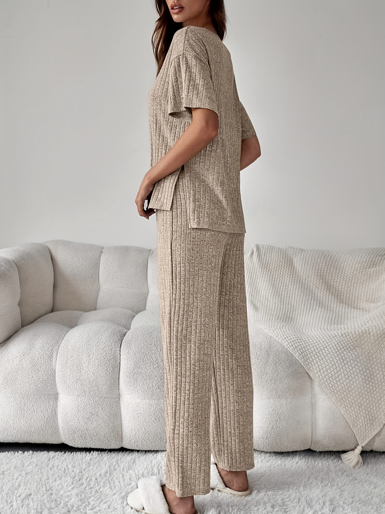 Ribbed Lounge Set Short Sleeve Top & Pants Women's Loungewear