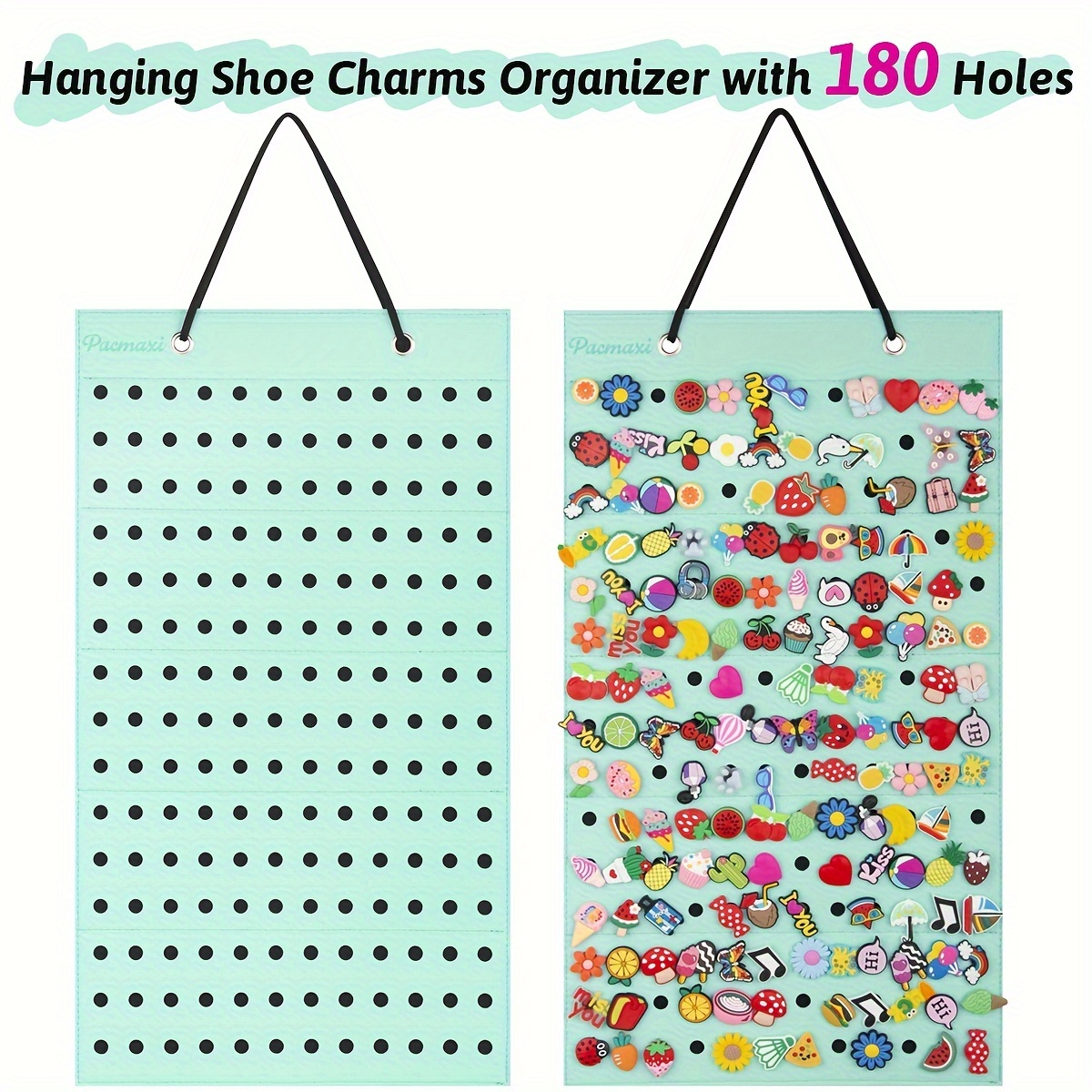 Pacmaxi Shoe Charms Organizer, Hanging Shoe Charm Holder with 180 Holes,  Portable Shoe Decoration Croc Charms Display Stand, Wall Mounted Display