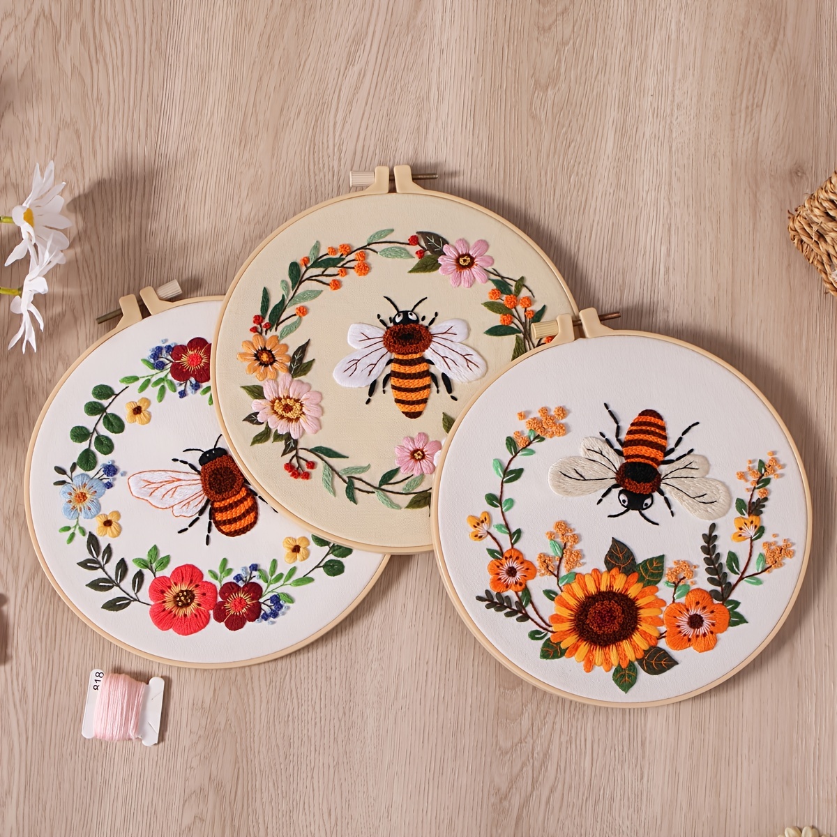 Embroidery Kit Honeybee And Flowers Include 1 Embroidery - Temu