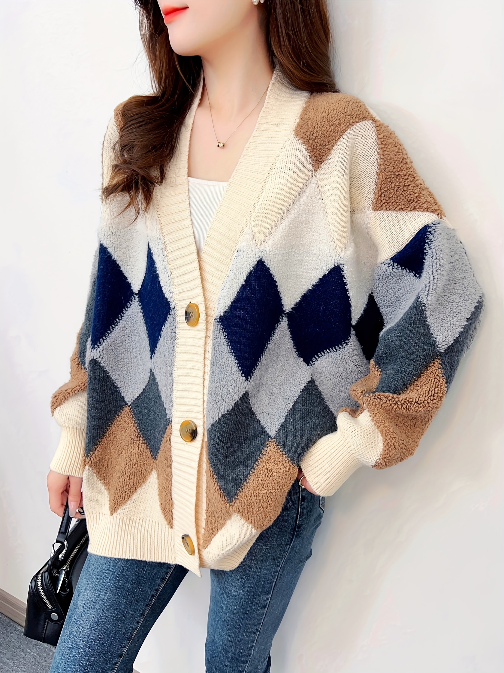 Drop shoulder button discount front argyle cardigan