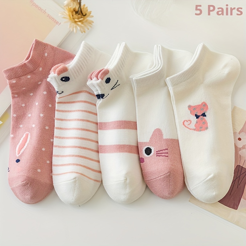 

5 Pairs Cartoon Cat Socks, Cute & Breathable Pink Ankle Socks, Women's Stockings & Hosiery