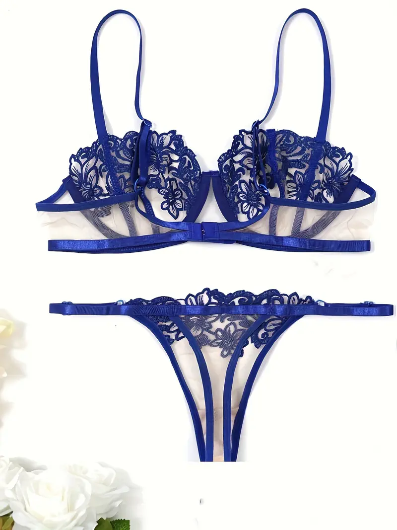 Floral Embroidery Lingerie Set Push Unlined Bra Mesh Thong - Temu Canada