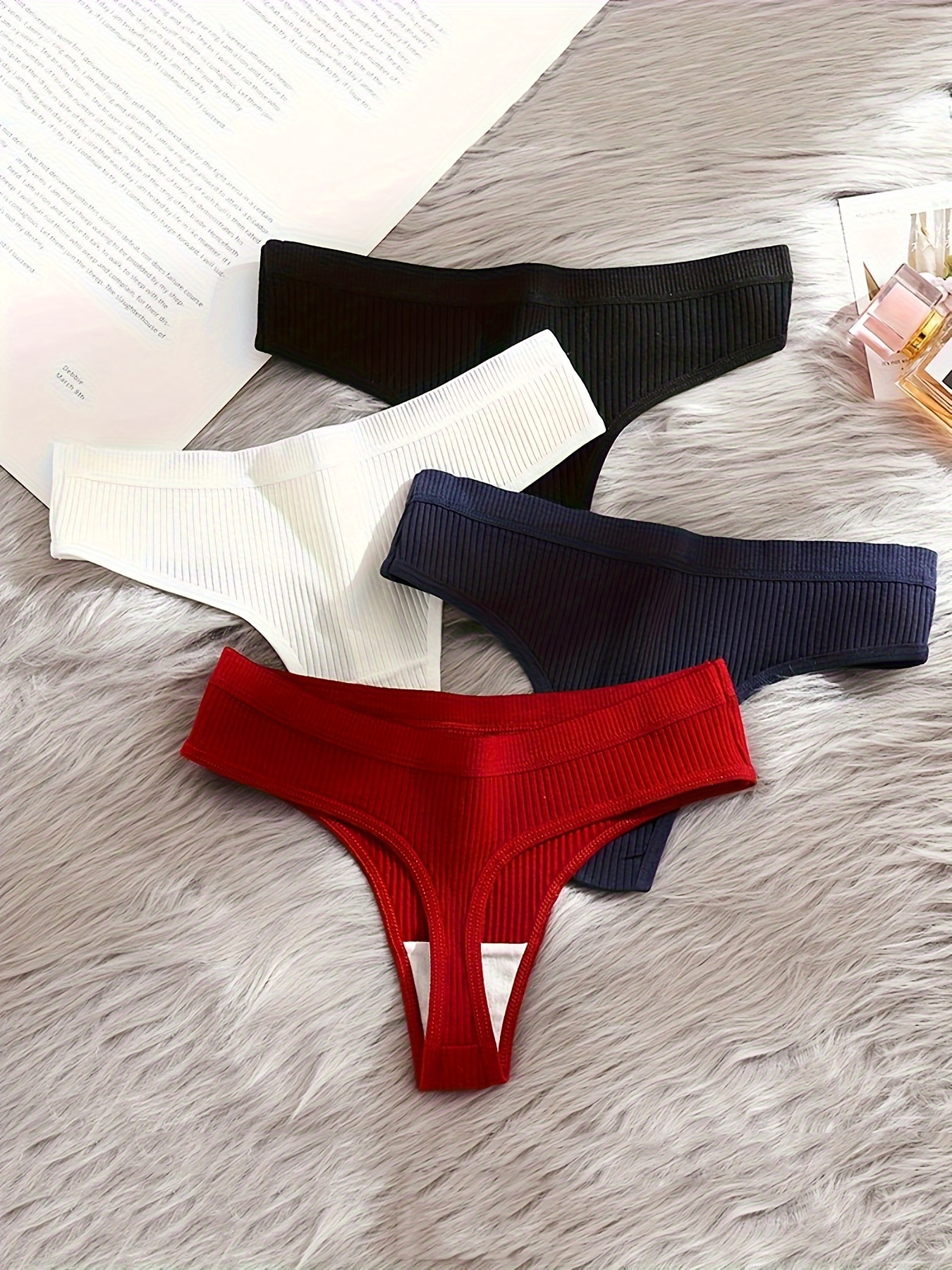 Ribbed Combination Thong Panties Breathable Low Waist - Temu Canada