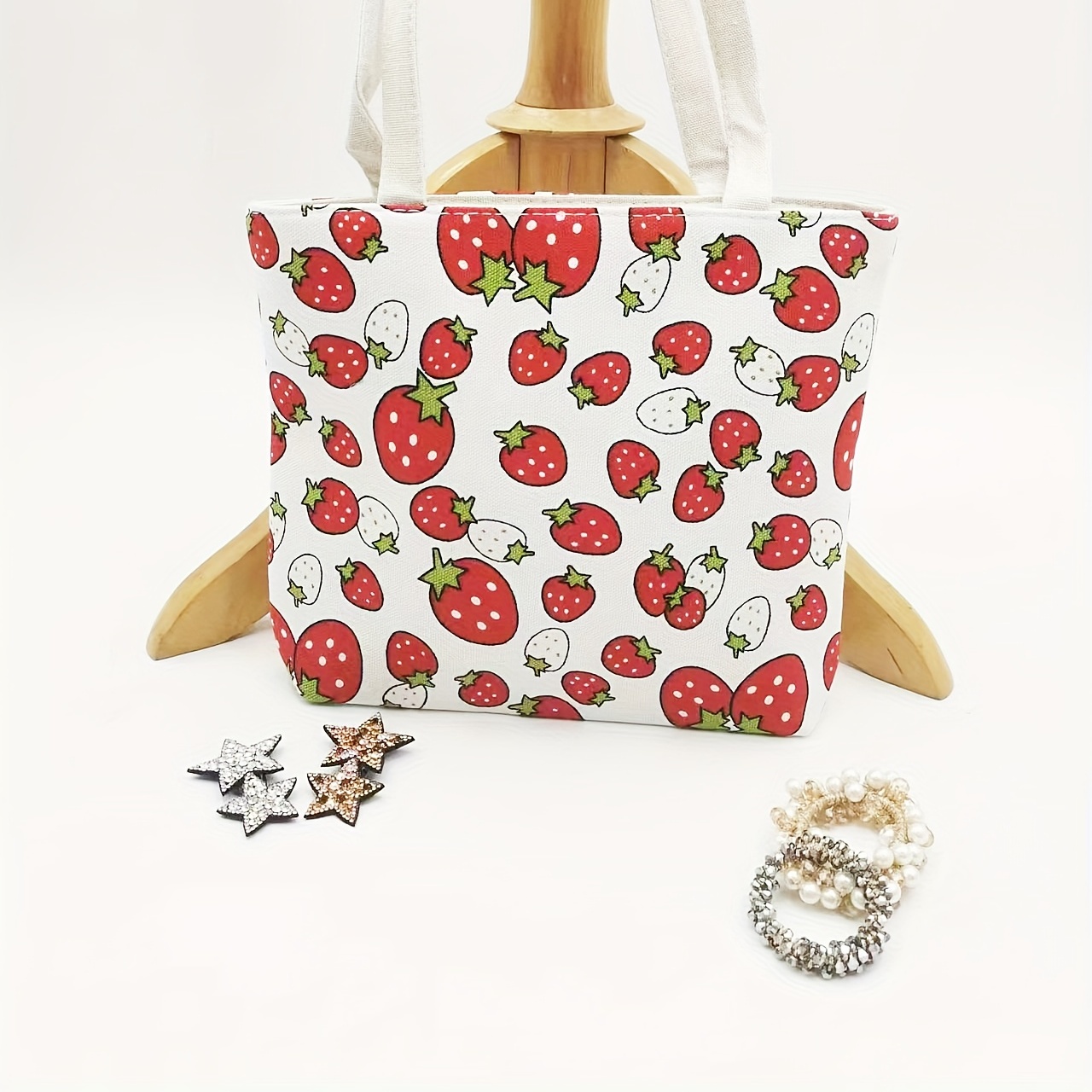 Strawberry Pattern Canvas Bag Lightweight Storage Handbag
