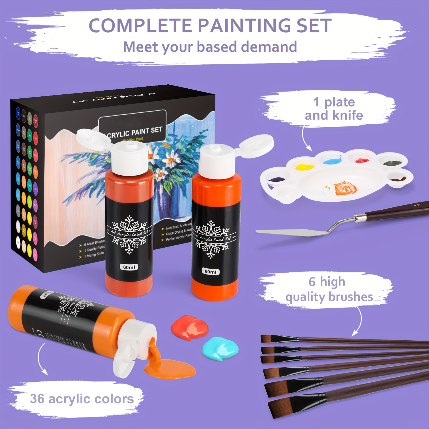 Acrylic Paint Set with 12 Art Brushes, 36 Colors (2 oz/Bottle) Acrylic Paint  for Painting Canvas, Wood, Ceramic and Fabric, Paint Set for Beginners,  Students and Professional Artist, Rich Pigments 