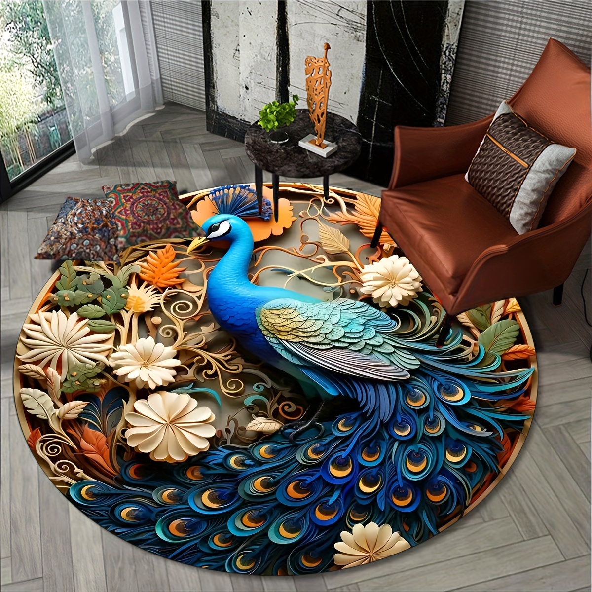 Blue Peacock Printing Floor Mat Living Room Home Bedroom - Temu