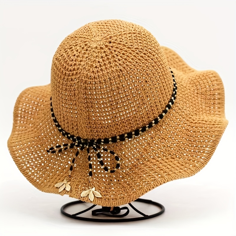 Bow Crochet Ruffle Bucket Hat Women Elegant Sunscreen Straw - Temu