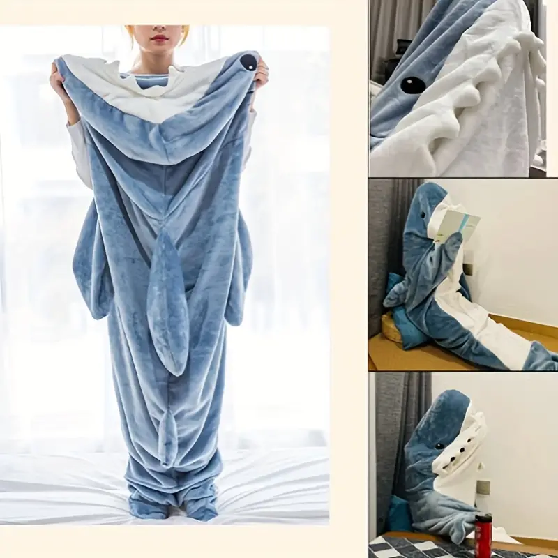 1pc shark loungewear pajamas multifunctional blanket thickened warm home wearable blanket cartoon shark sleeping bag details 8