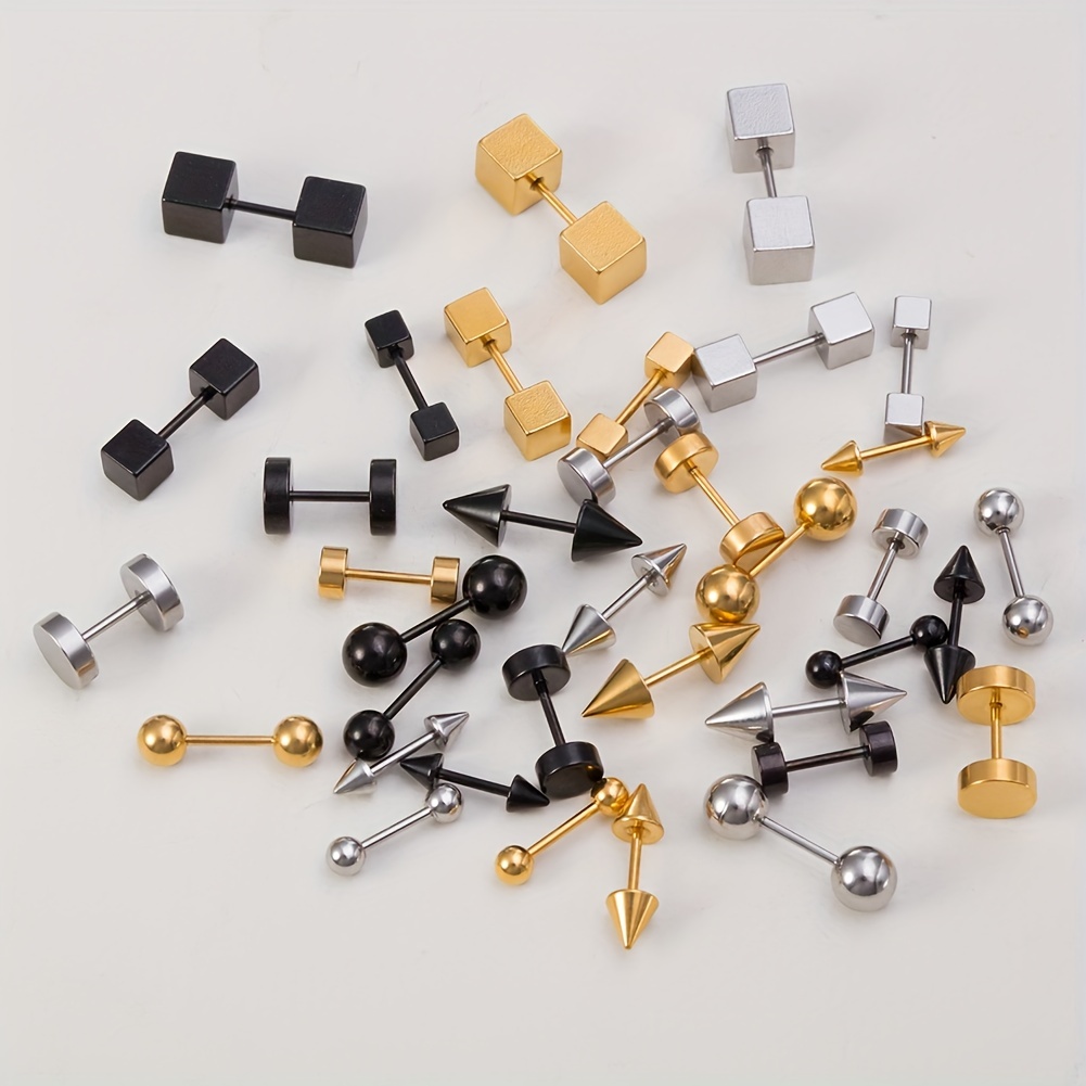 3pcs Pack Ear Bone Studs for Men, Ball Pointed Cone Round Cake Square