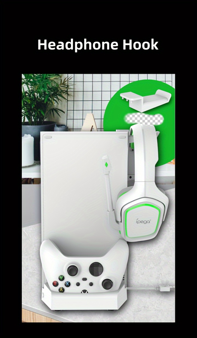 قاعدة تبريد لجهاز Xbox Series S مع محطة شحن للتحكم ومحطة تبريد لـ XSS مع خطاف للسماعات ومقبض للشاحن