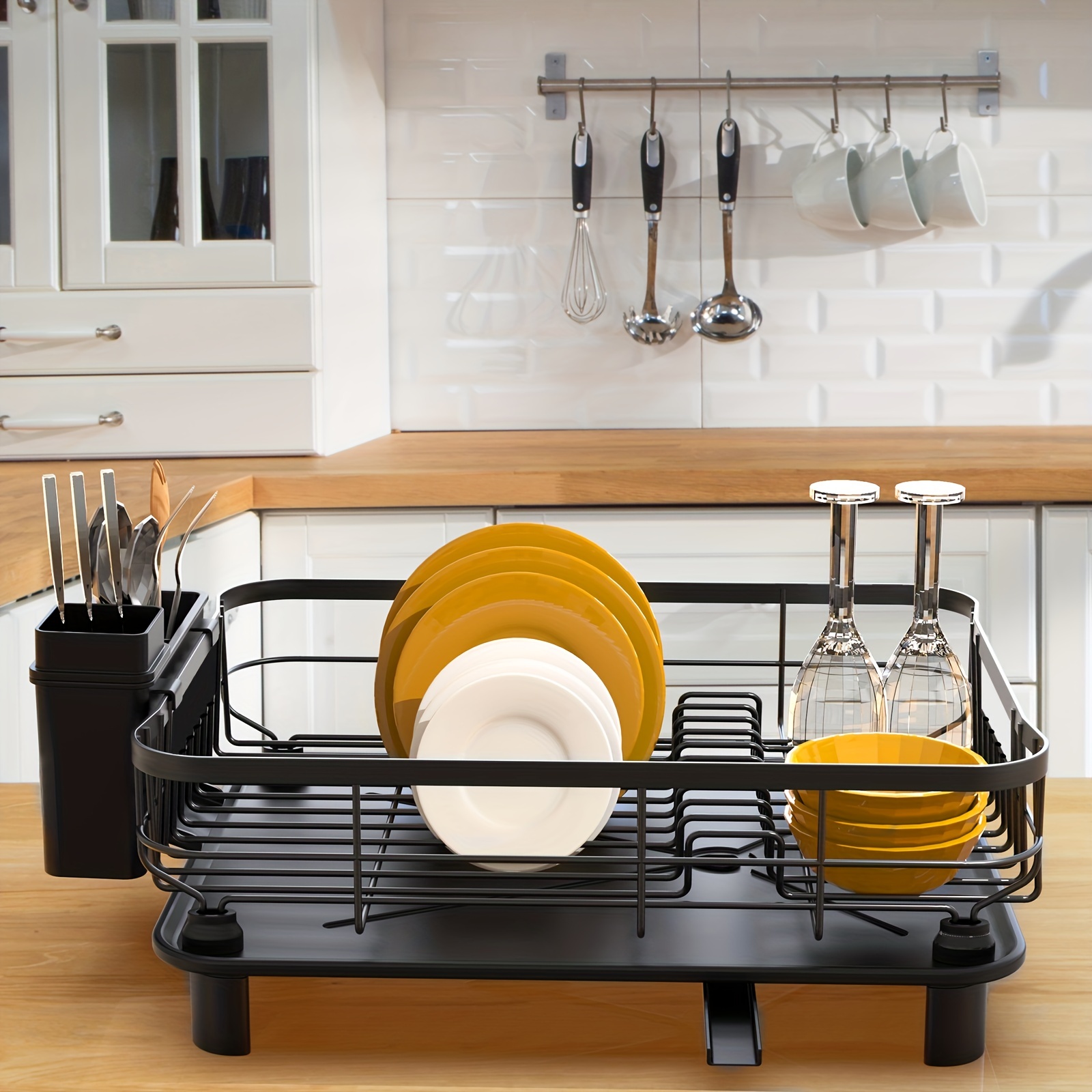 Dish Drying Rack and Drain Board Set with Removable Utensil Holder