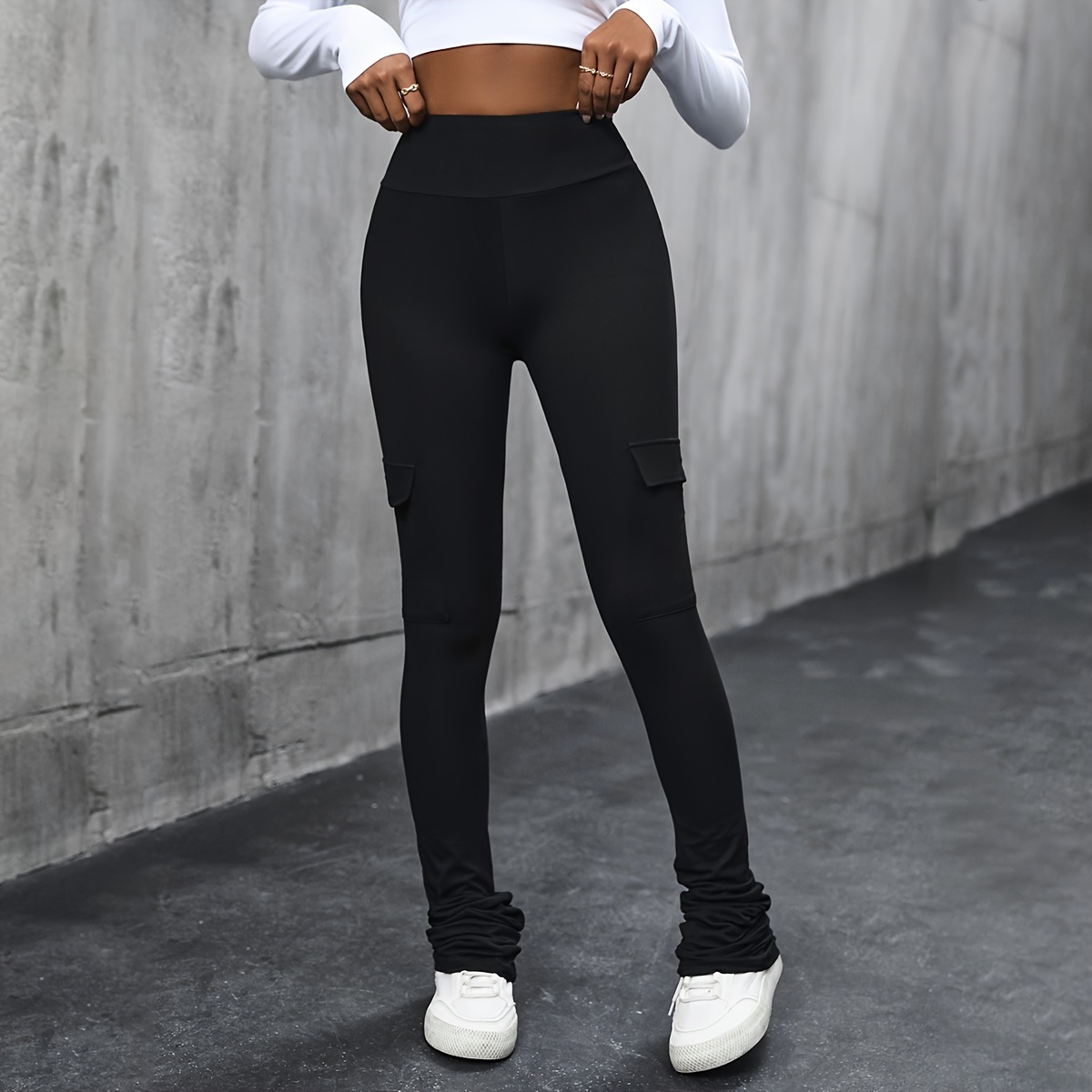 Fesfesfes Fashion Women Pant Solid Sports Casual Skinny Pockets High Waist  Pants Sale Items 