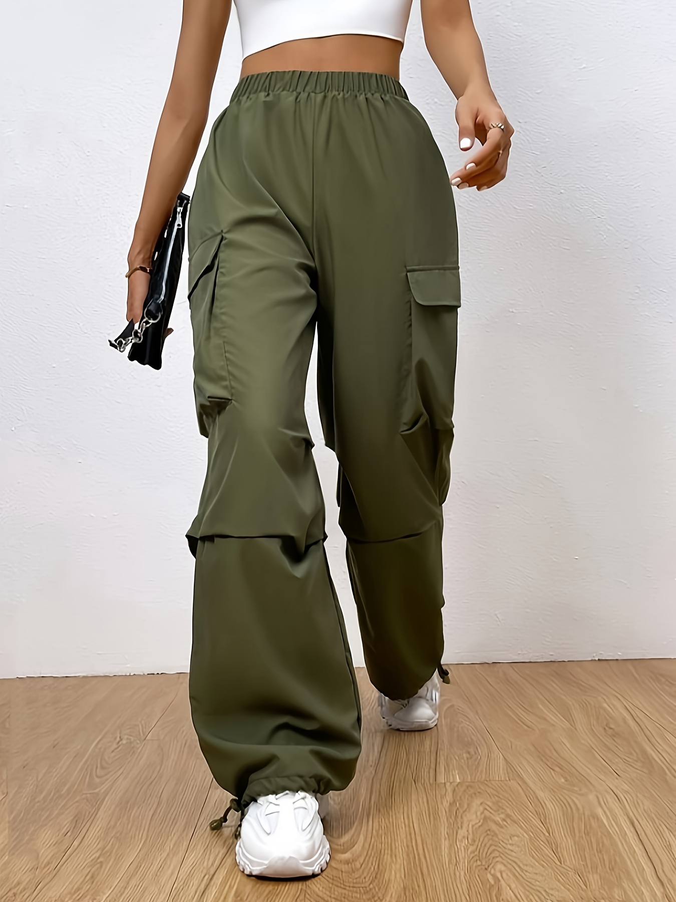 Solid Drawstring Baggy Cargo Pants, Casual Flap Pocket Elastic Waist Pants,  Women's Clothing