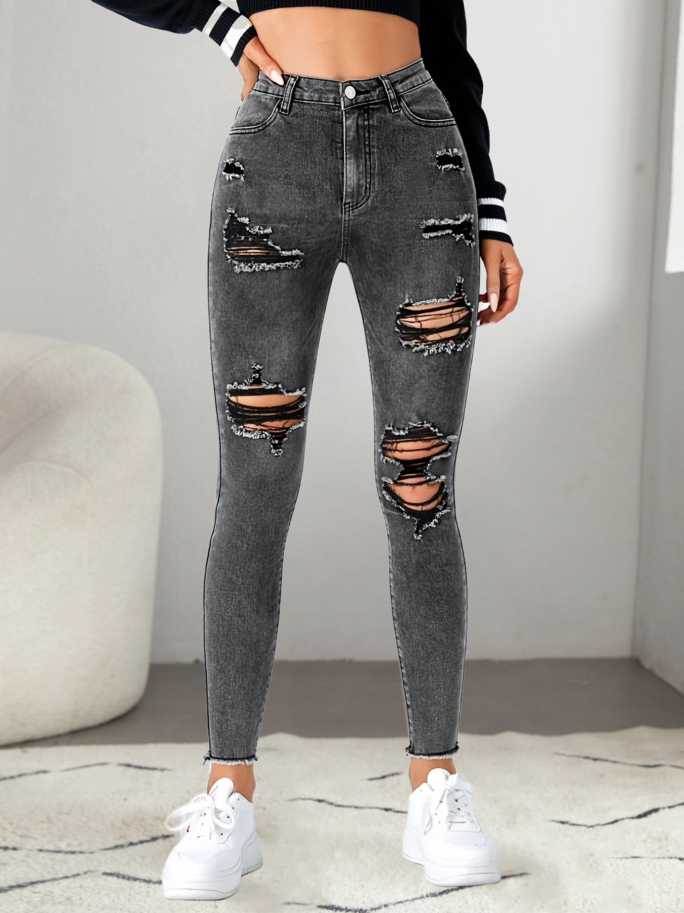 Gray Ripped Distressed Skinny Jeans, High Waist Stretchy Frayed Hem Denim  Pansts, Classic & Stylish, Women's Denim Jeans & Clothing