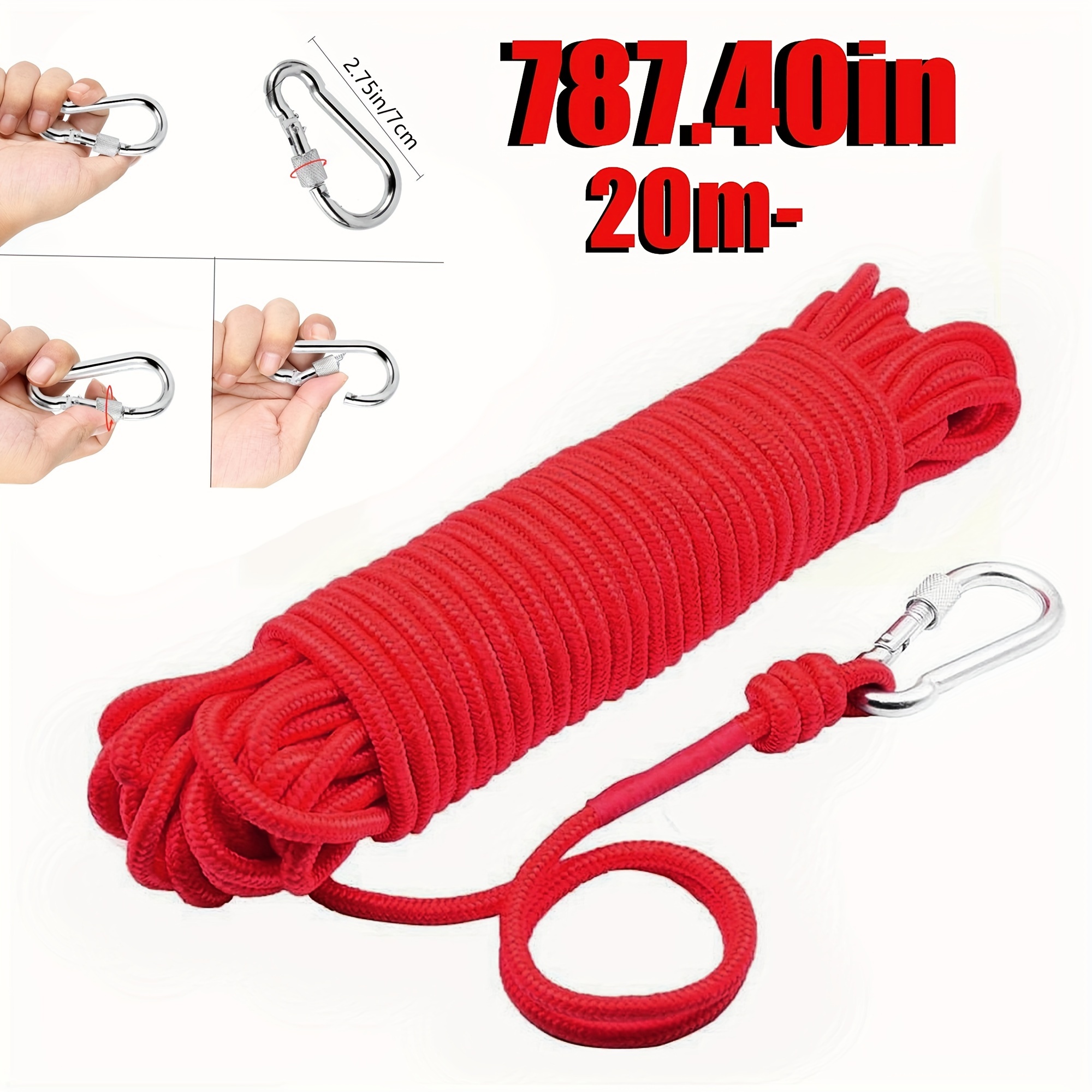 20m Red Magnetic Fishing Rope Braided Nylon Rope Carabiner