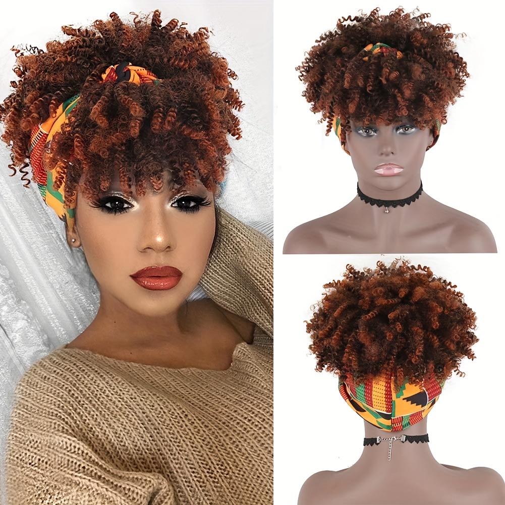 brown   hair topper headband hair extensions with bangs for women synthetic short afro   headband hair topper brown hair extensions with headband music festival details 8