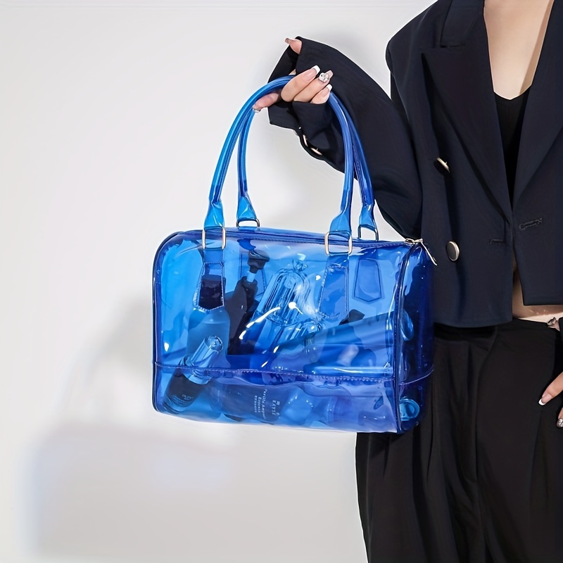 Blue Clear Jelly Tote Bag Zip Transparent Large Tote Purse for Beach