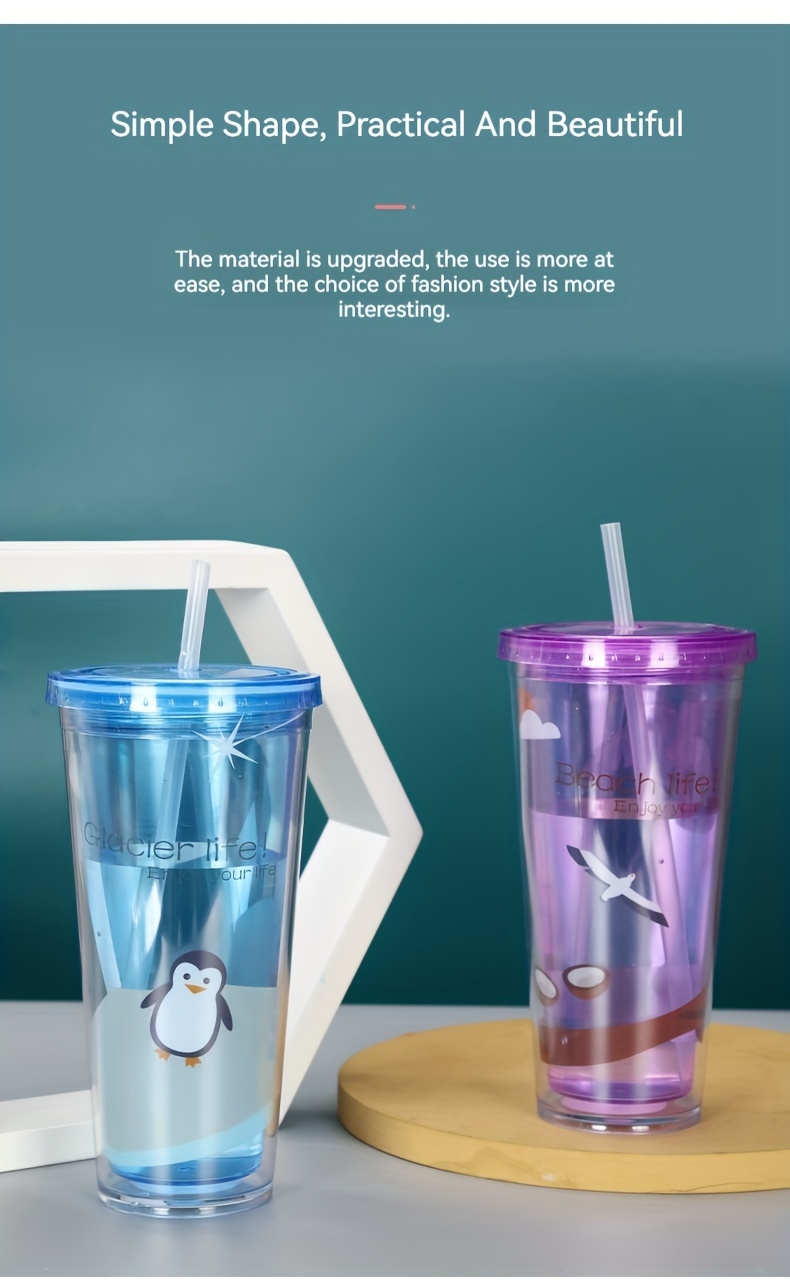 1pc Minimalist Double-layer Large Capacity Plastic Straw Cup, Creative  Translucent Milk Fruit Juice Bottle, Suitable For Men Women & Students