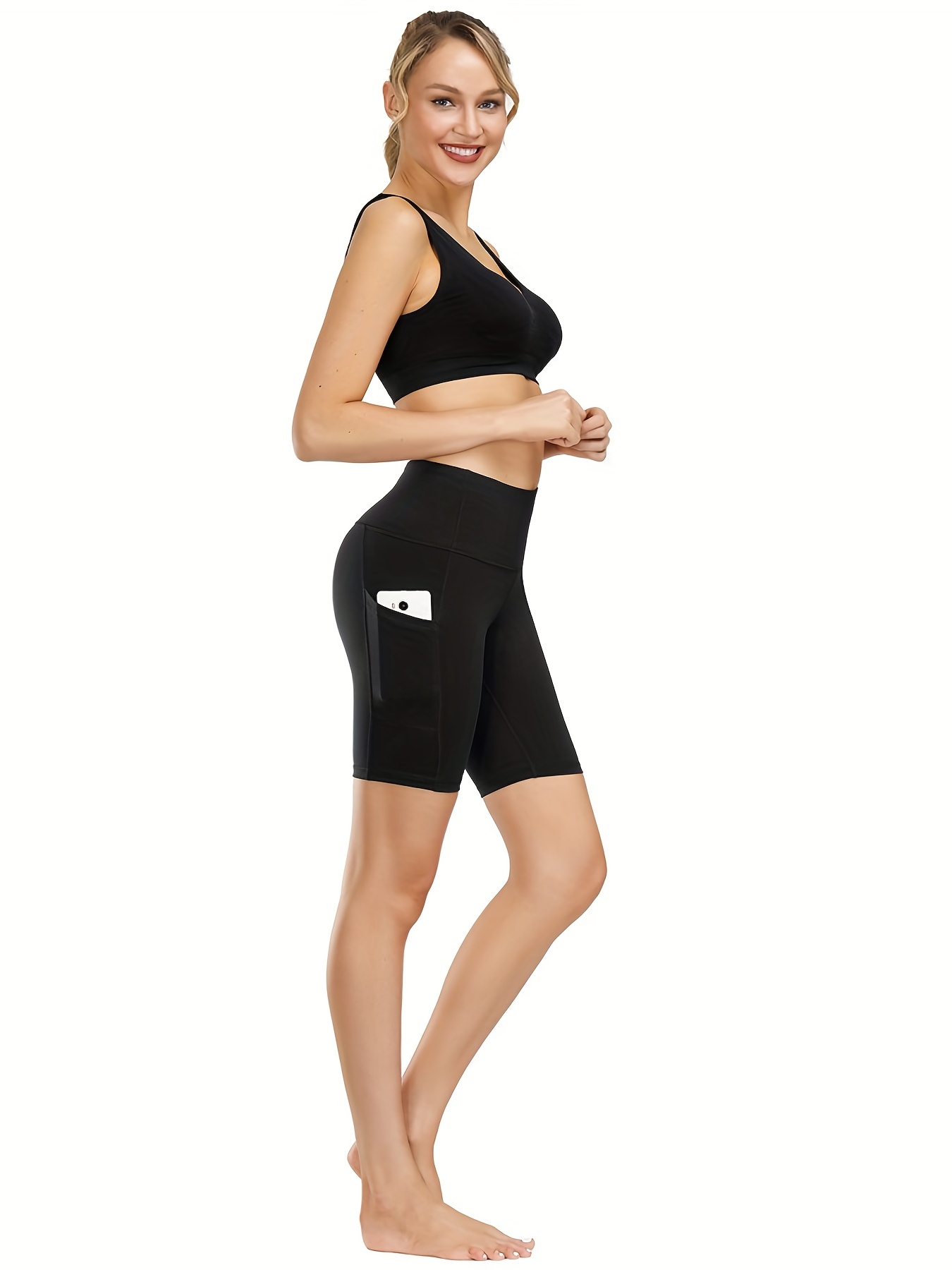 Short Sport Yoga Solide Taille Haute Femme Poches Short V lo