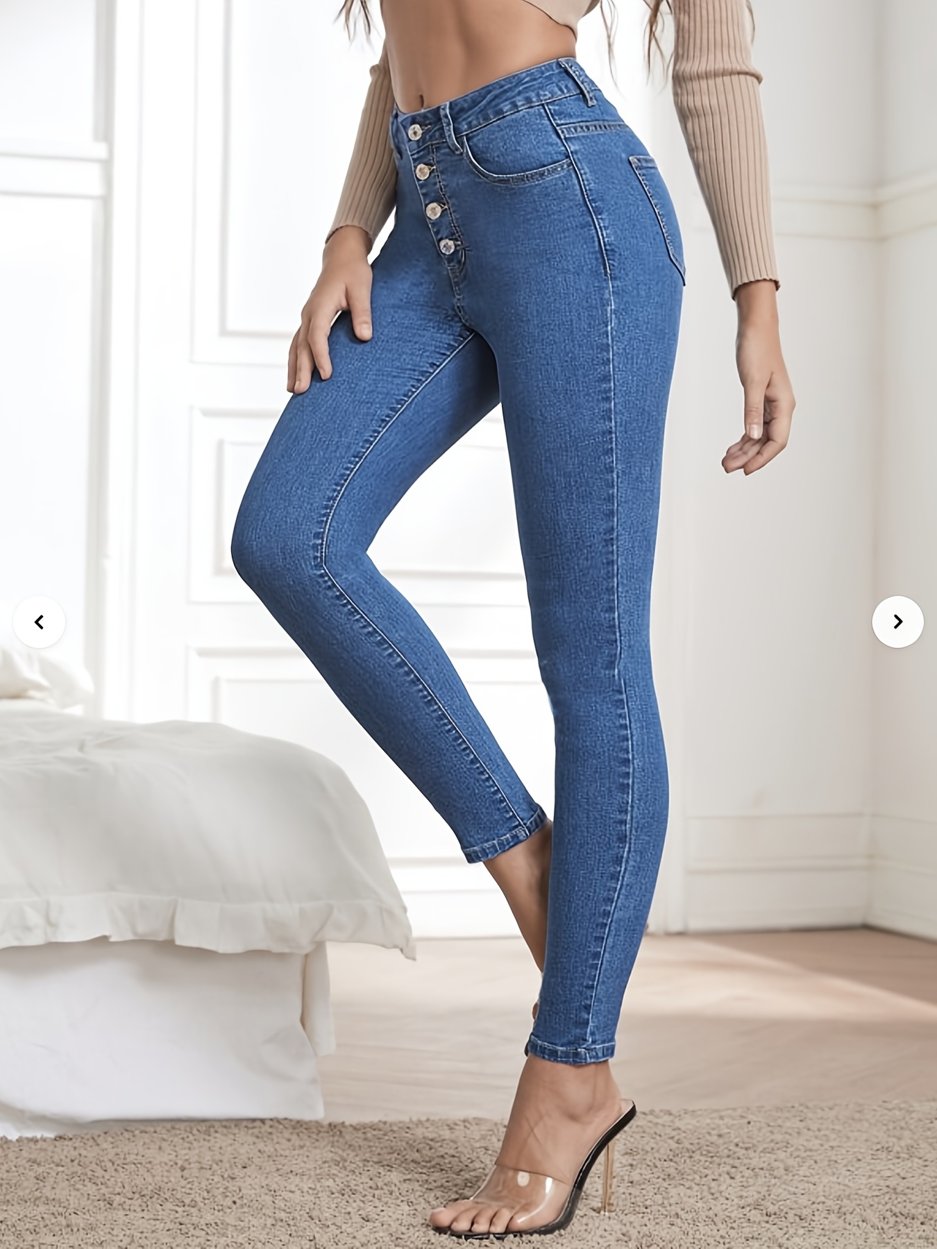 Blue Slight Stretch Capris Denim Jeans Slim Fit Side Single - Temu