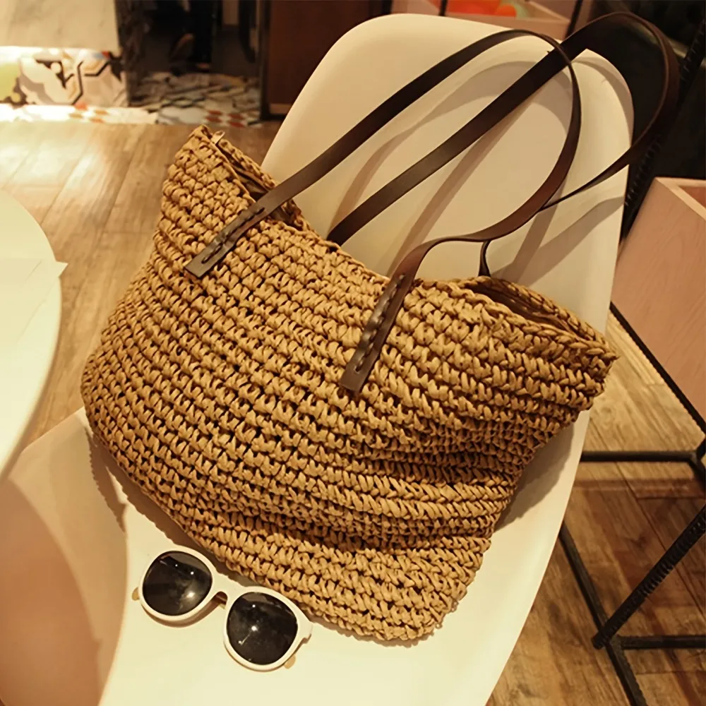 Women's Simple Straw Bag, Trendy Tote Bag For Travel, Large Zipper