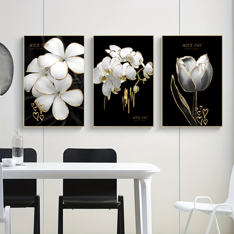 3 個 フレームレス黒背景白い花キャンバス絵画 プリントモダンな壁装飾