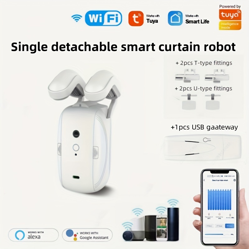 TuyaWiFi Wireless Automatic Curtain Opener Powered Rechargeable Smart  Curtains Robot With Llumination Temperature Alexa Google