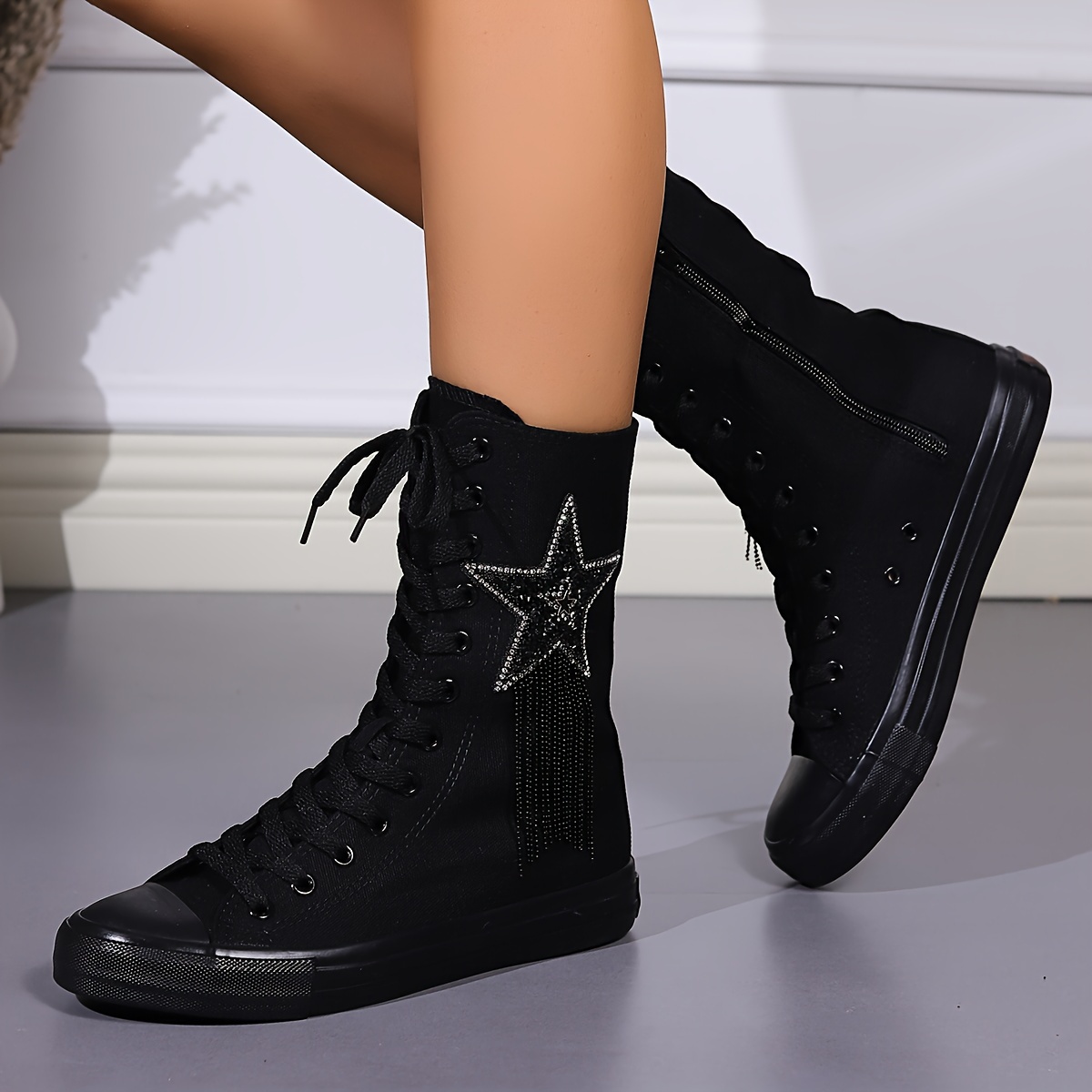 Women's Sequins Star Canvas Boots, Fashion Lace Up Side Zipper Mid Calf  Boots, Stylish Flat Sneakers