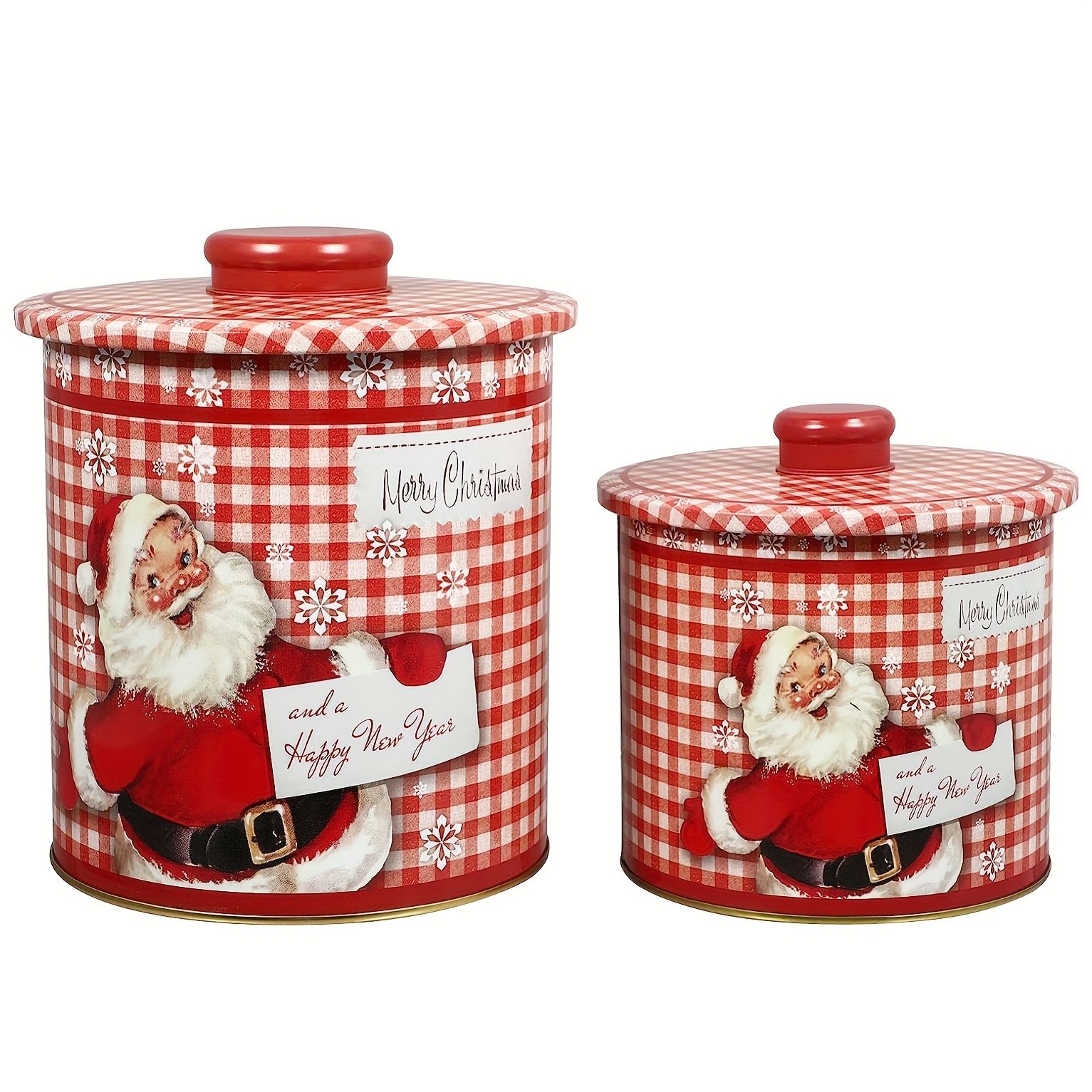 Christmas Cookie Tin Round Containers with Santa & Snowman, 3 Size, Santa,  Red 