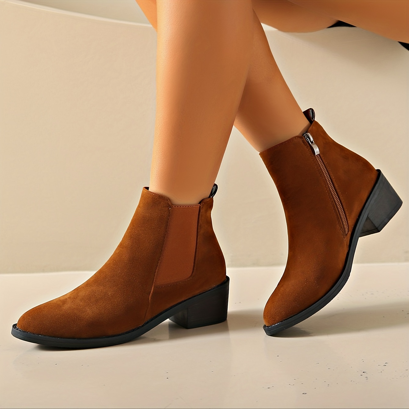 Women's Chunky Heel Ankle Boots Round Toe Zipper Cut Suede - Temu
