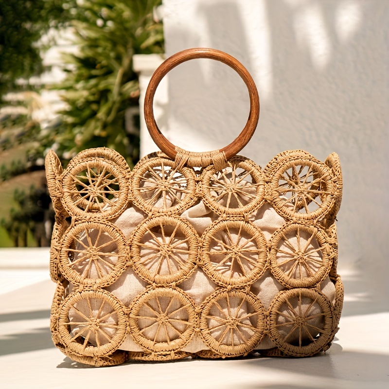 Straw Beach Bag Vintage Handmade Woven Shoulder Bag Raffia circle