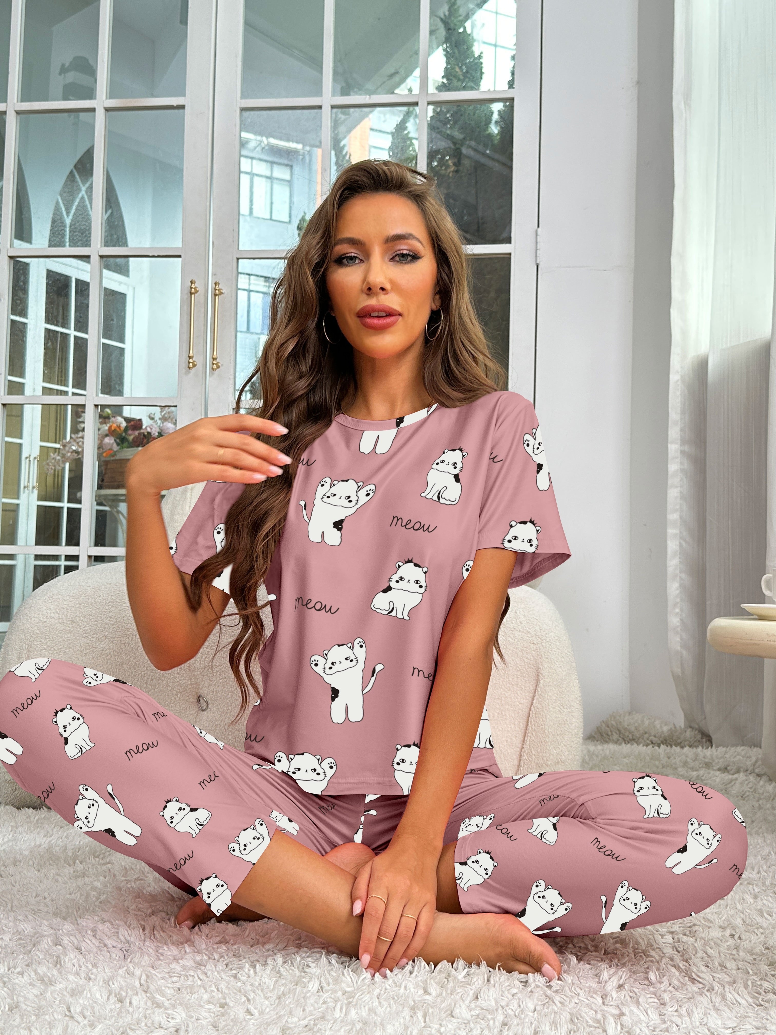 Cartoon Cat Print Pajama Set, Short Sleeve Crew Neck Top & Elastic  Waistband Pants, Women's Sleepwear & Loungewear