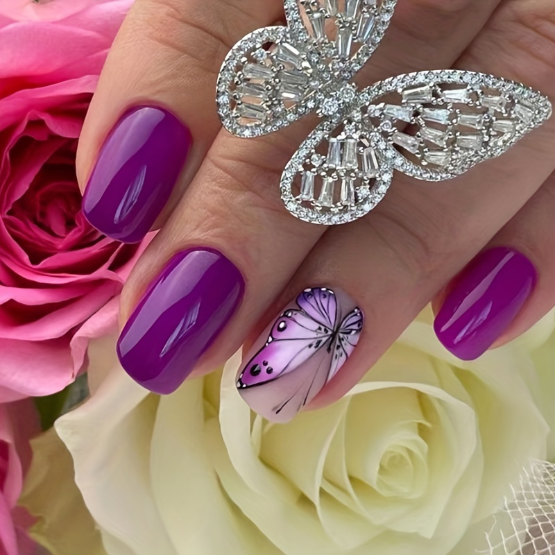 24Pcs False Gradient Glitter for Nails Art Nail Short Press On Nails Purple