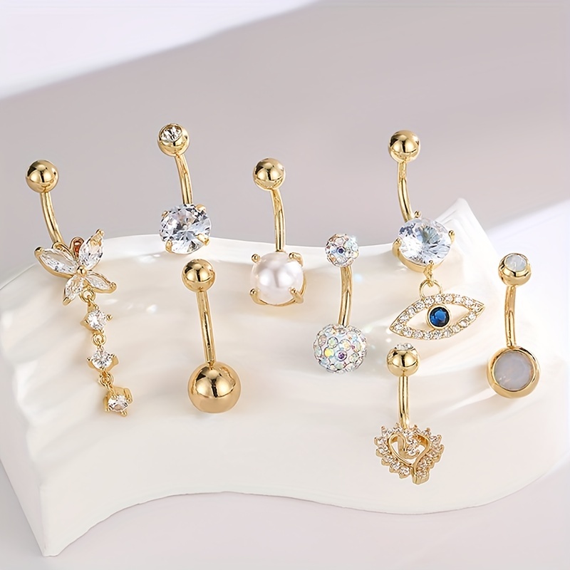 8pc Golden Love Heart Devil's Eye Belly Button Ring Set