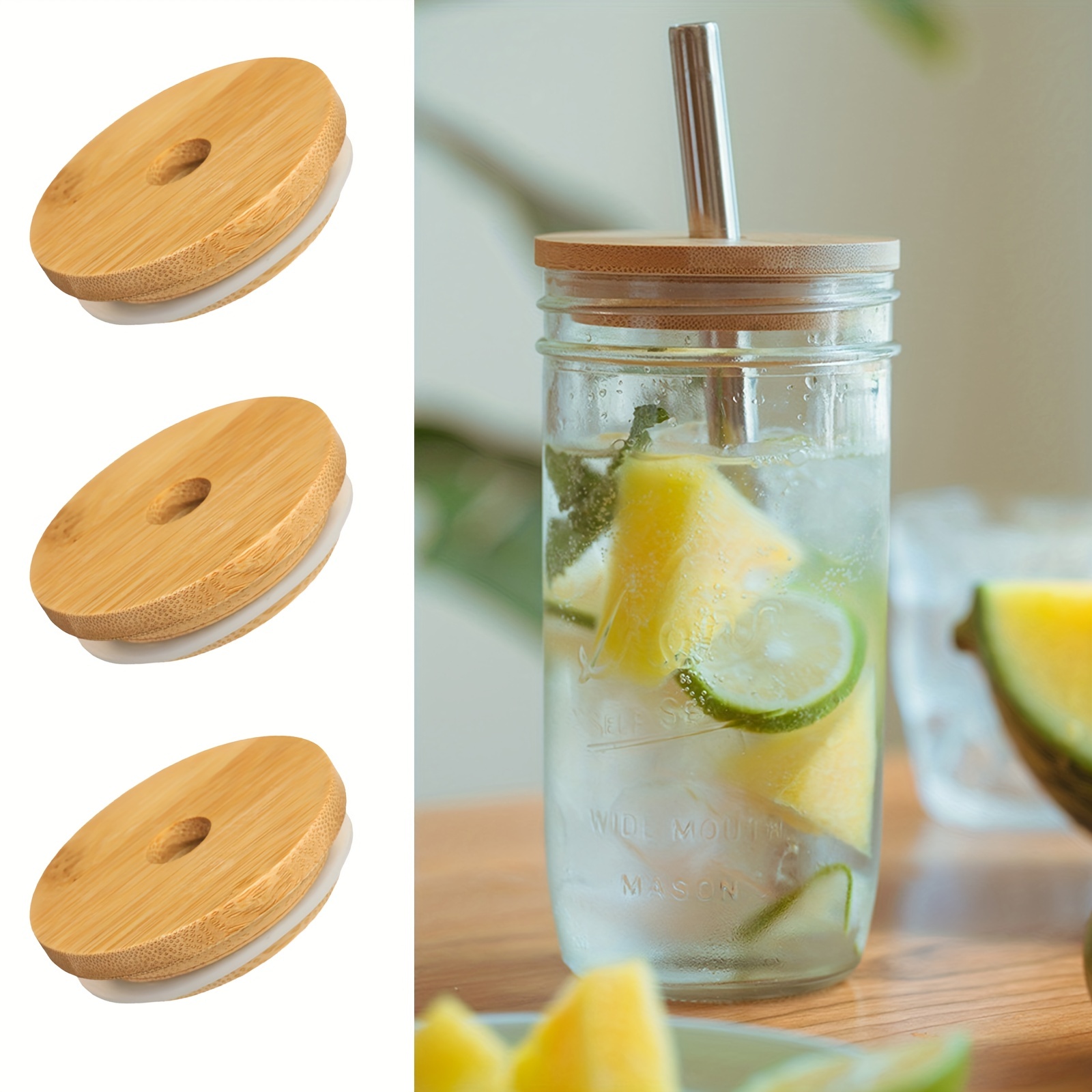 Reusable Bamboo Jar Lids 70MM Bamboo Jar Lids with Straw Hole for