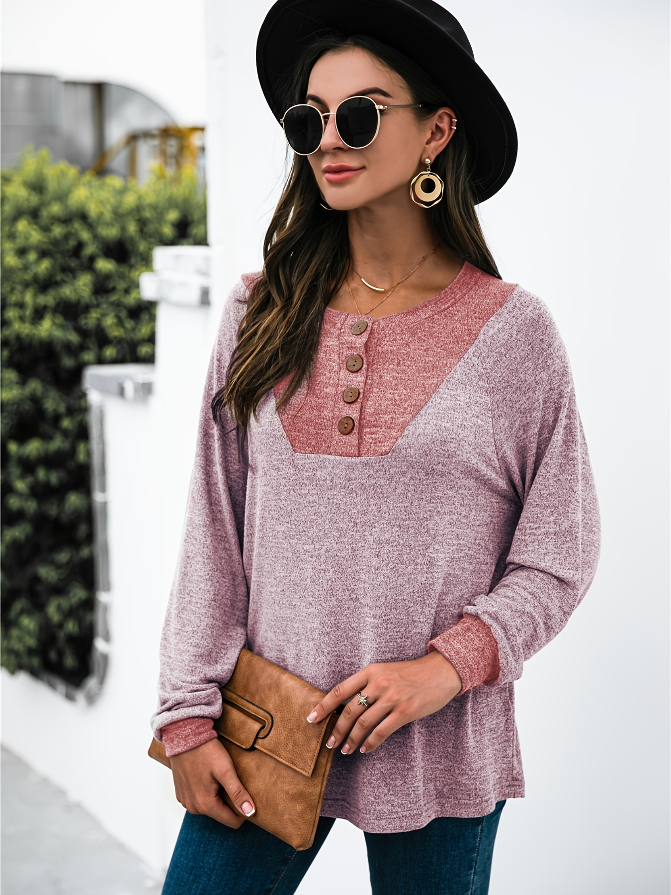 Round Neck Long Sleeve Stitch Color T-shirt, Casual Loose Comfy Stylish  Every Day T-shirt, Women's Clothing