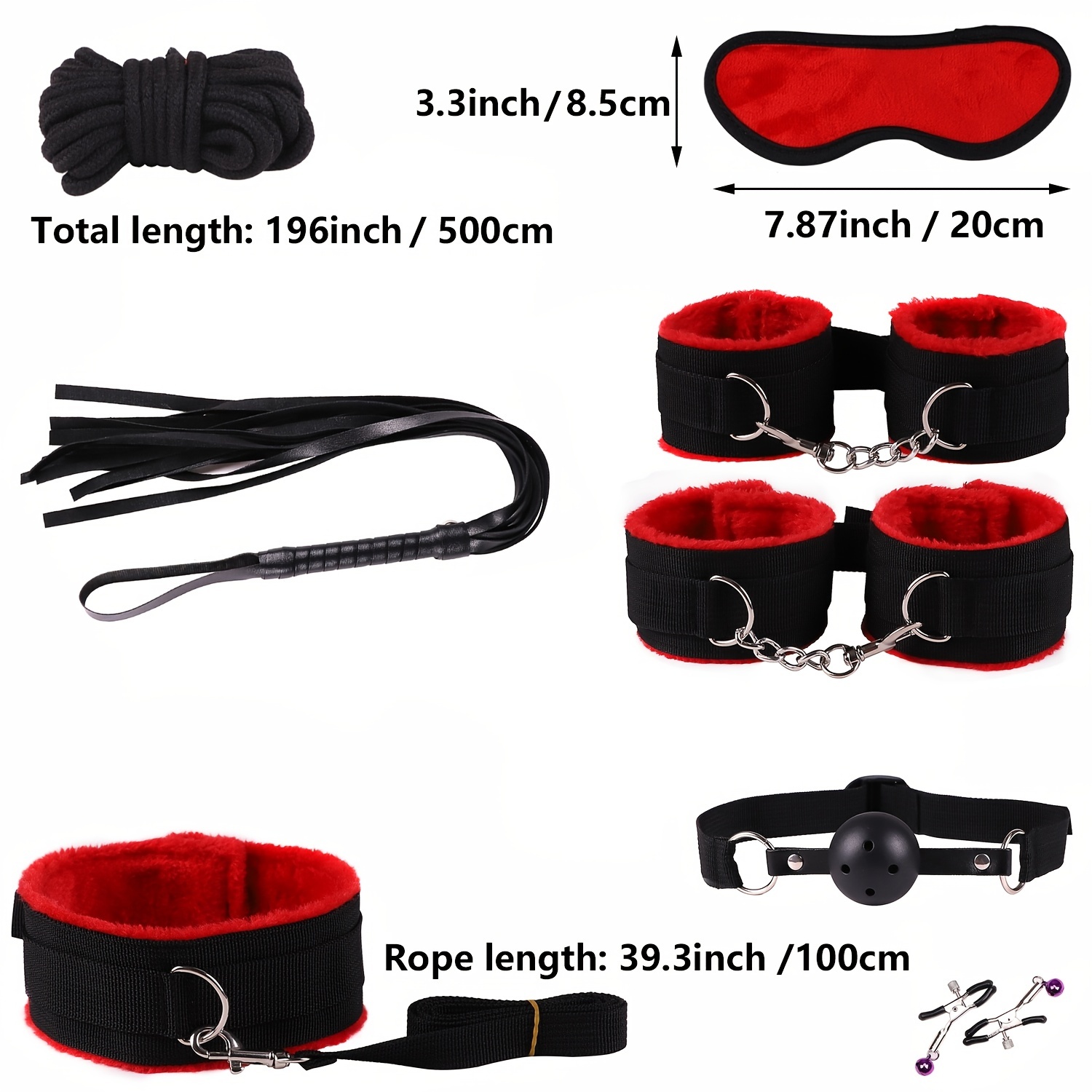 Bdsm Set Plush Bondage Collar Nipple Clip Handcuffs Whip - Temu