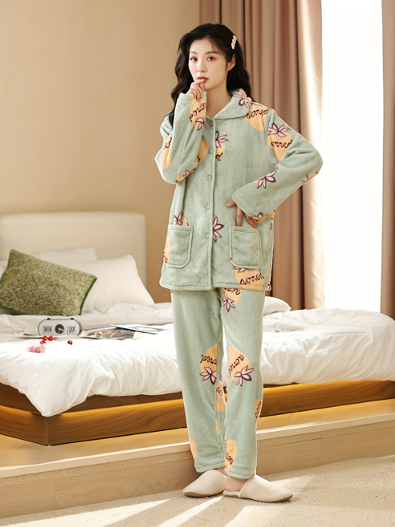 Pijama Engrossado De Flanela Com Estampa Floral, Botão De Bolso