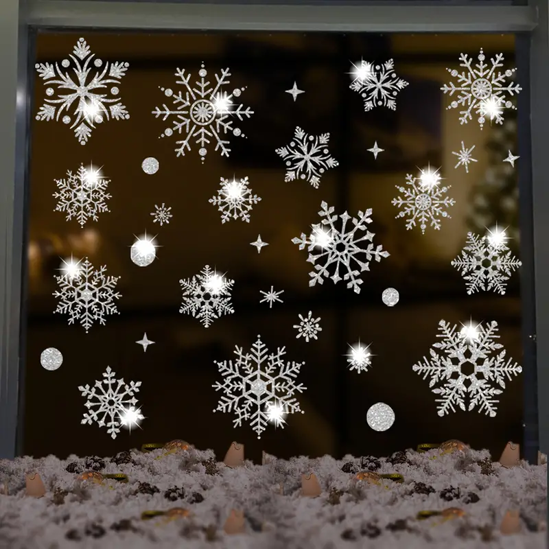 Silvery Glitter Snowflake Window Stickers，Sparkling Snowflake Window  Clings，Winter Wonderland Decoration For Home